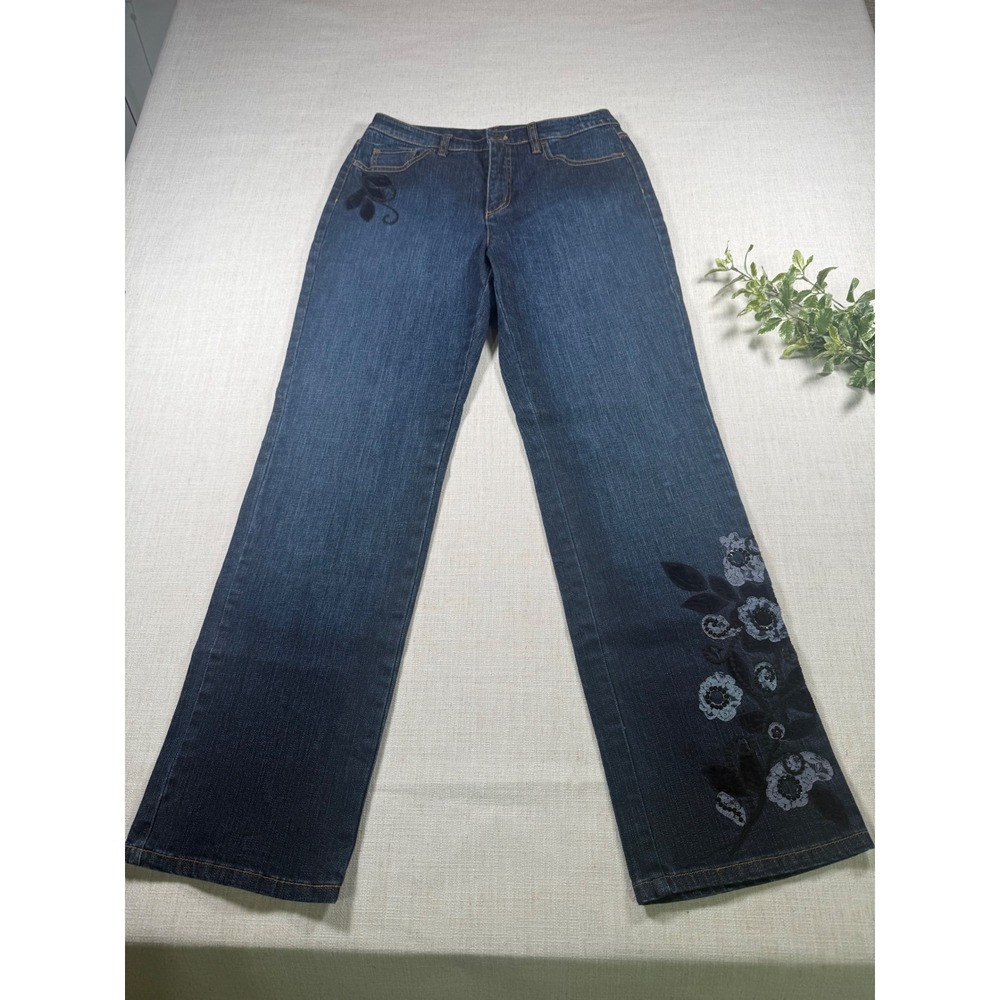 Talbots Womens Size 6 Dark Wash Floral Embroidered Velvet Sequin Stretch Jeans